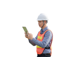 A man in a safety vest is looking at a tablet