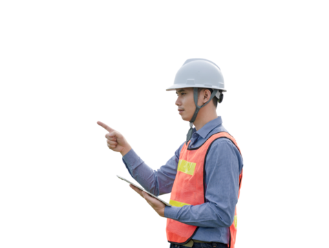 A man in a safety vest points to something on a tablet