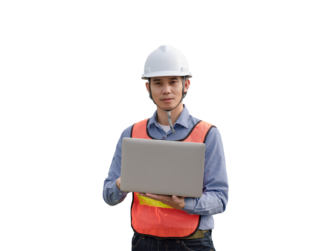 A man wearing a hard hat and orange vest is holding a laptop - Powered by Adobe