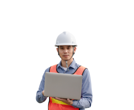 A man wearing a hard hat and safety vest is holding a laptop