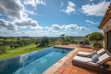 Fototapeta premium L Tahoe Style Luxury Terrace with Artificial Lawn, Sea View, and Modern Furniture