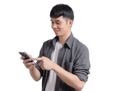 A young man is smiling while using his cell phone - Powered by Adobe