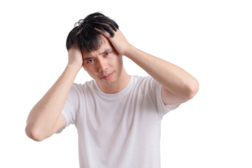 A man with a bald head is looking at the camera with his hands on his head