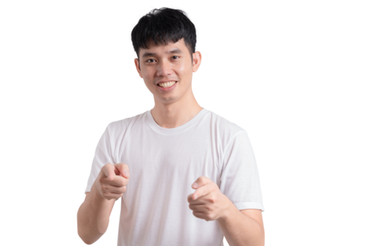 A young man with a white shirt is pointing to the camera