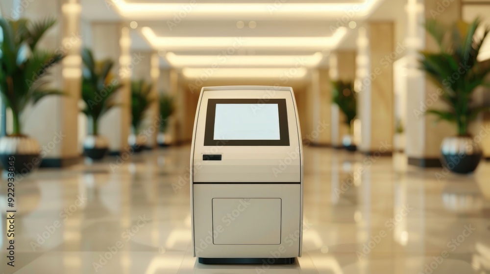 Poster sleek and technologically advanced hotel booking kiosk in a spacious minimalist hotel lobby enabling