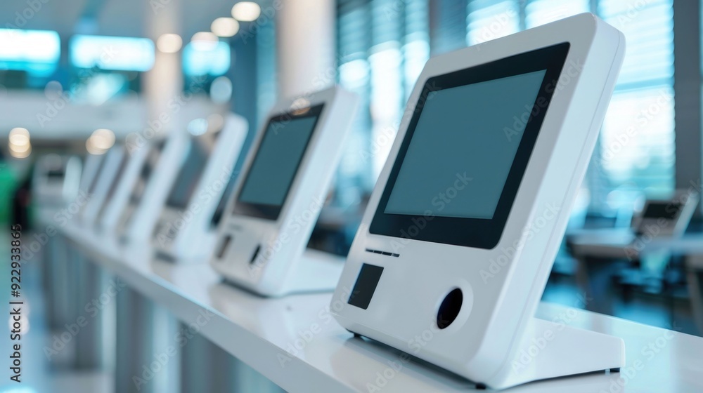 Poster automated hotel booking kiosk with depth of field for efficient self check in at modern airport or c
