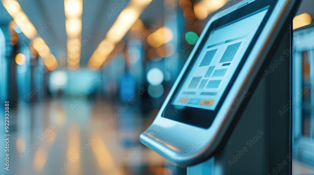 Poster automated hotel booking kiosk with deep depth of field in the modern airport terminal lobby offering