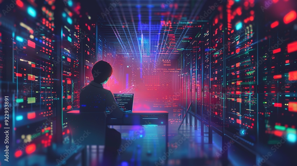 Poster glorious computer engineer working on laptop computer with server room, data center, big data storag