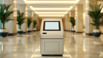 Sleek and technologically advanced hotel booking kiosk in a spacious minimalist hotel lobby enabling guests to efficiently self check in and access their accommodations with ease and convenience