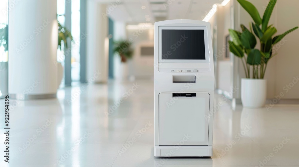 Poster modern hotel booking kiosk enabling seamless self check in experience with deep depth of field to sh