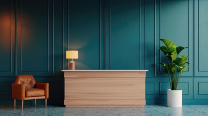 Cozy and warm hotel reception lobby with elegant furniture lighting and decor creating a welcoming and professional ambiance  The image showcases a depth of field effect