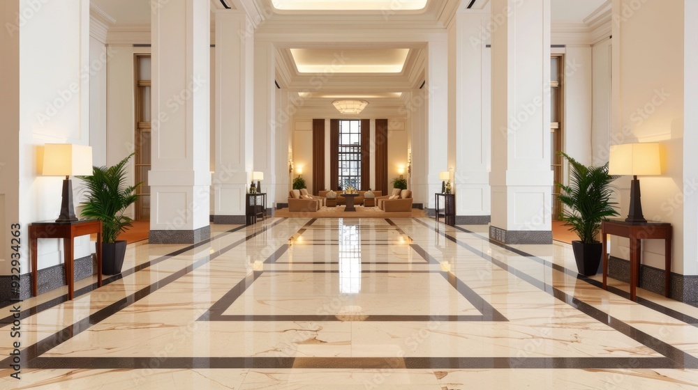 Poster impressive and grand architectural entrance of a historical hotel featuring elegant columns intricat