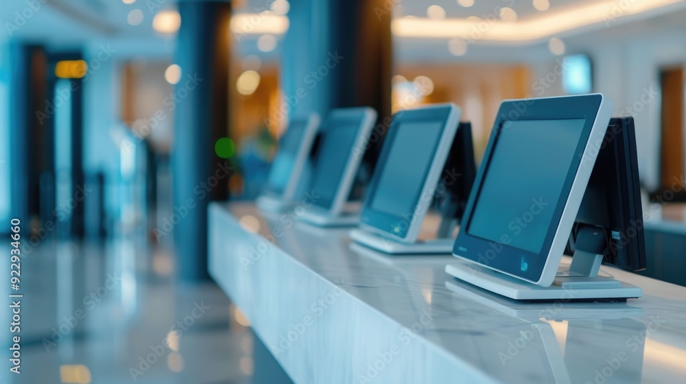 Poster sleek and modern hotel lobby with digital check in kiosks and screens showcasing a streamlined and e
