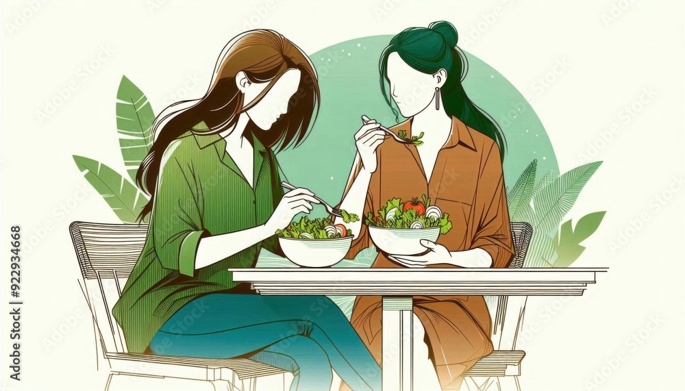 Wall mural two ladies enjoy salad in the restaurant  ,vector art