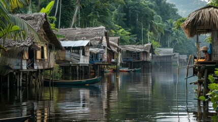 Fototapeta premium hamlet of a tribe in the Amazon on the edge of the river