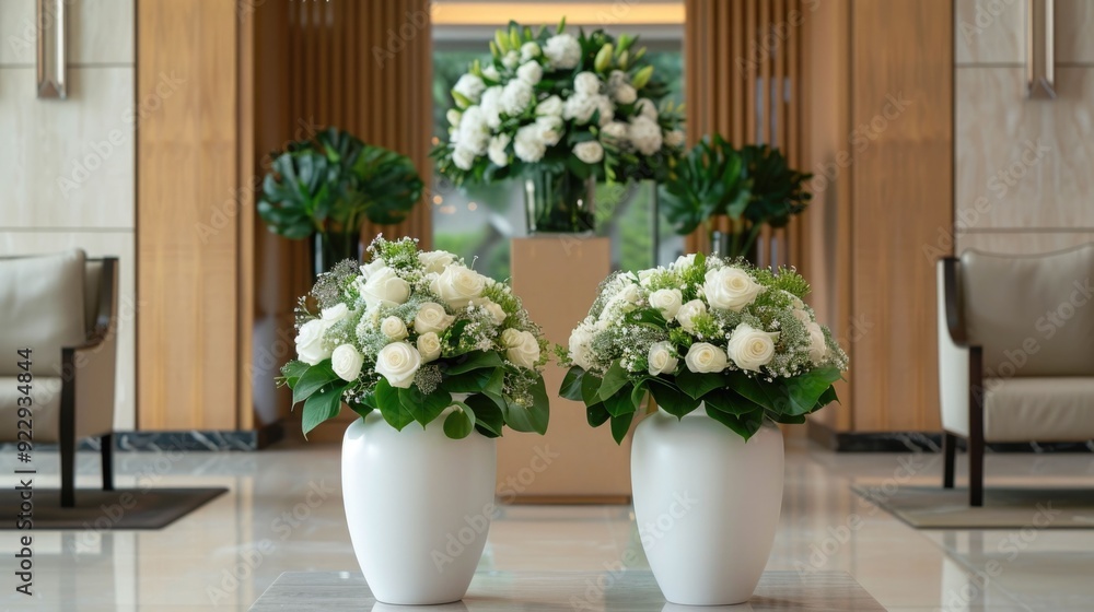 Poster elegant and lush floral arrangements in white vases adding a touch of sophistication and beauty to t