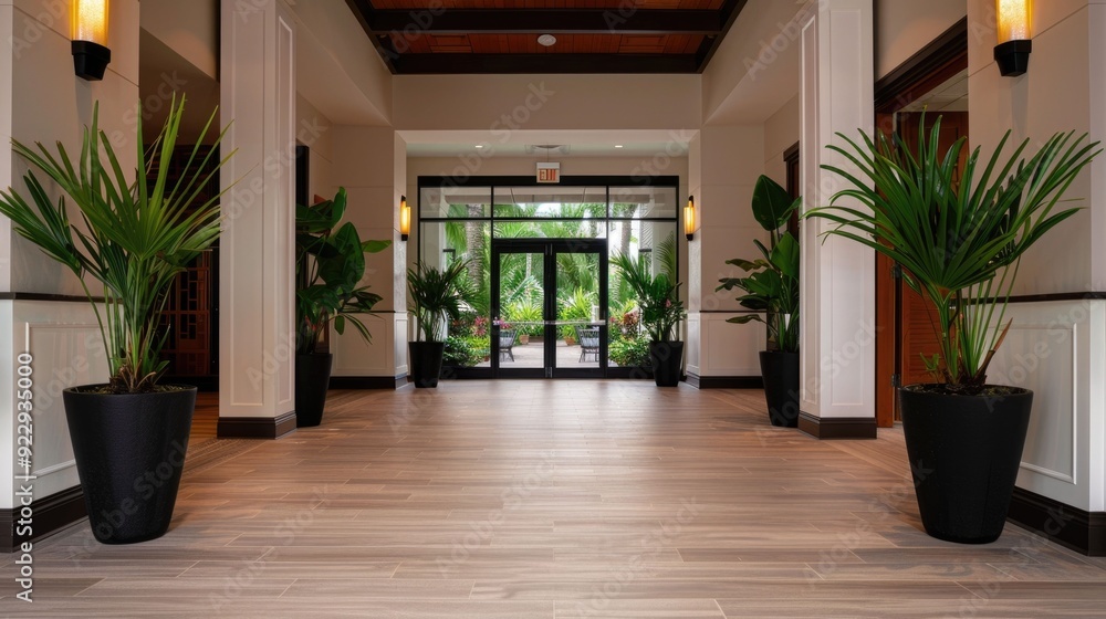 Poster lush and serene resort lobby with tropical foliage warm lighting and a deep depth of field creating 