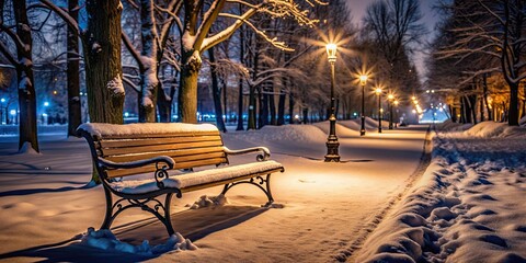 Park bench covered in snow at night in a park next to a street , winter, snow, night, bench, park, cold, urban, city
