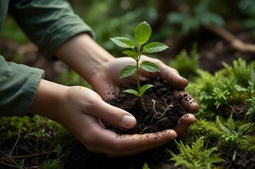 Holding a small plant and fertile soil, Concept of planting for future auspicious event, generative AI