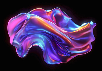 Obraz premium 3d render of fluid shape with holographic colors on black background, metallic liquid flowing in the air, liquid metal style