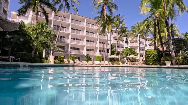 Camera tracks  top of water at Florida resort pool