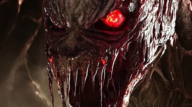 Pushing towards the mouth of a scary hell demon with red eyes with dripping sharp fangs for Halloween meme.