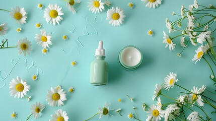 green little enema and chamomile on blue background