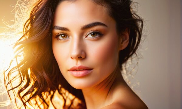 Woman with glowing skin, golden hour lighting in a studio