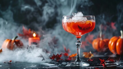 halloween cocktail with dry ice on dark background