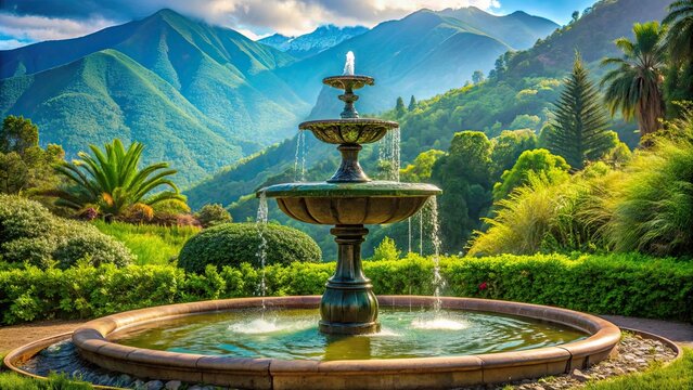 Fountain spraying water in lush mountain setting, mountain, nature, landscape, fountain, water, spray, refreshing