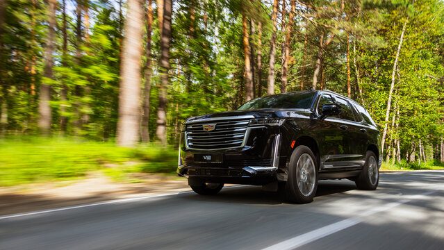 Novosibirsk, Russia -  August  05, 2024: black  Cadillac Escalade 600 SUV  driving  in  park, side view