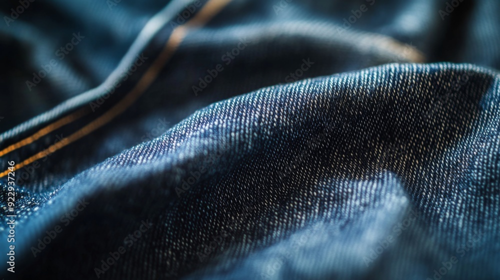 Poster a close-up of soft denim fabric showcasing its rich texture and golden stitching details illuminated