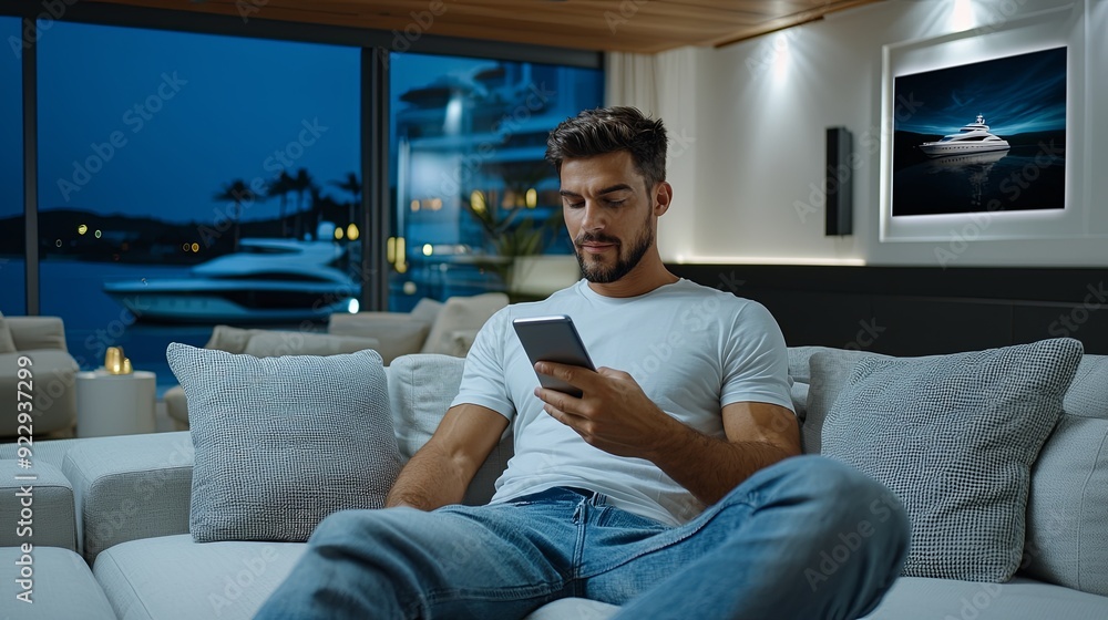 Poster man relaxing on a sofa, adjusting home theater settings with a mobile device, surround sound system 