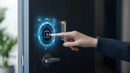 Naklejka premium Smart home entryway with person unlocking door using facial recognition, sleek and modern design, warm ambient lighting, copy space for text,