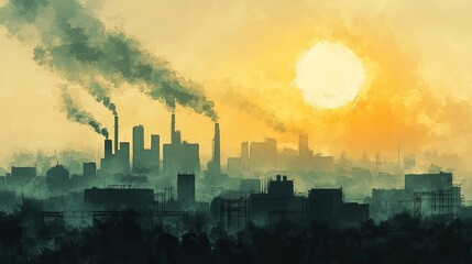 Depiction of poor air quality in everyday life with polluted skies and health consequences illustrated