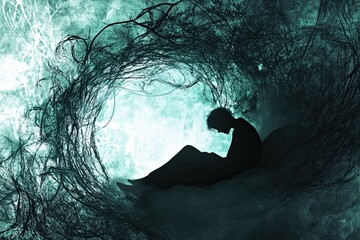haunting illustration of sleep disorder featuring a figure lost in an endless void with swirling elements of disturbed sleep