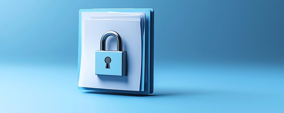 Secure file folder with a padlock on a blue background. Concept of data protection, privacy, and security.