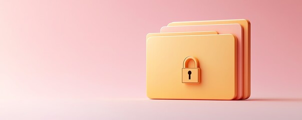 Three orange folders with a lock on a pink background, representing data security, protection, and digital privacy.