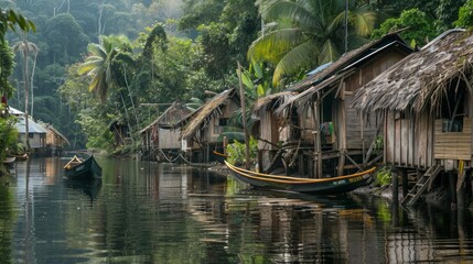 hamlet of a tribe in the Amazon on the edge of the river