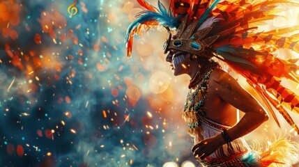 A performer adorned in colorful feathers and accessories engages with an enthusiastic crowd at dusk