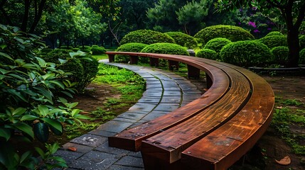 long curved wooden bench in a park against greenery background