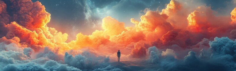 Obraz premium Man standing in the middle of a cloud filled sky