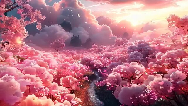 Magical landscape with a field of pink flowers