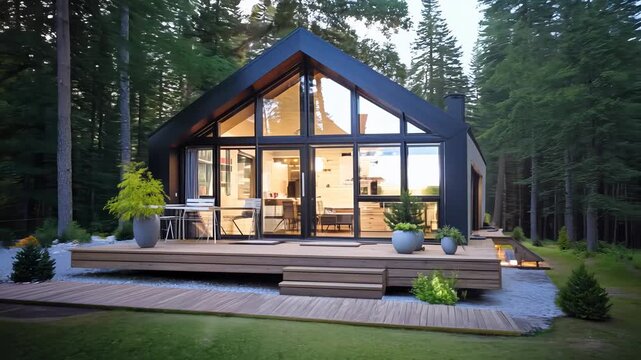 Modern cabin with glass facade in the woods