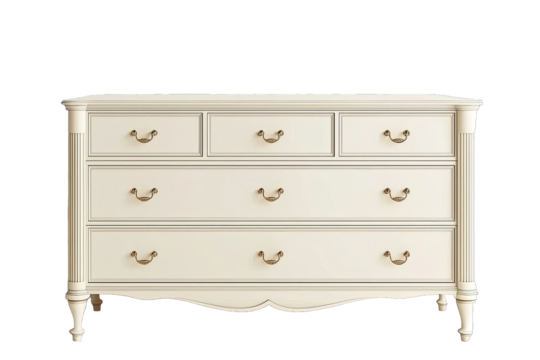 Elegant white dresser with six spacious drawers and classic gold handles, perfect for enhancing bedroom decor and organization.