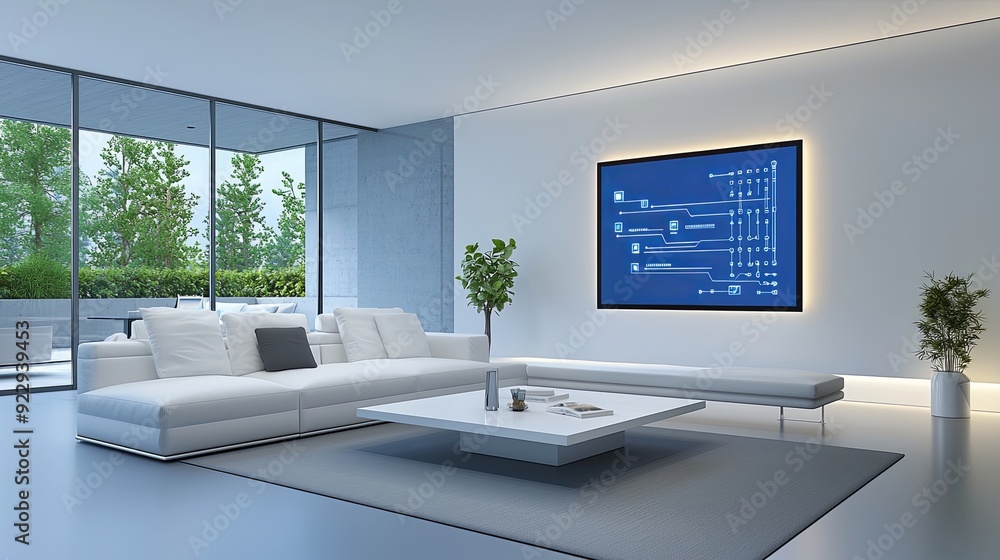 Aufkleber modern smart home living room with data flow visualizations on walls, illustrating ai learning patte