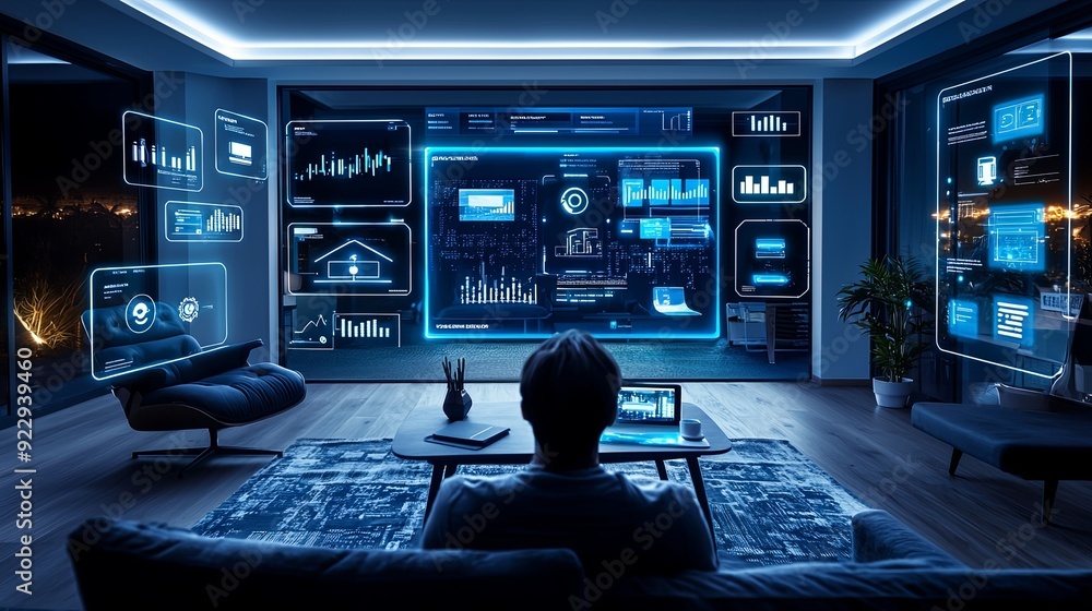 Poster person in a smart home surrounded by holographic data and learning algorithms, modern interiors with