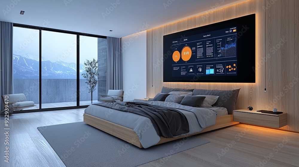 Aufkleber bedroom with smart home data visualization on a wall-mounted screen, showing connectivity and learni