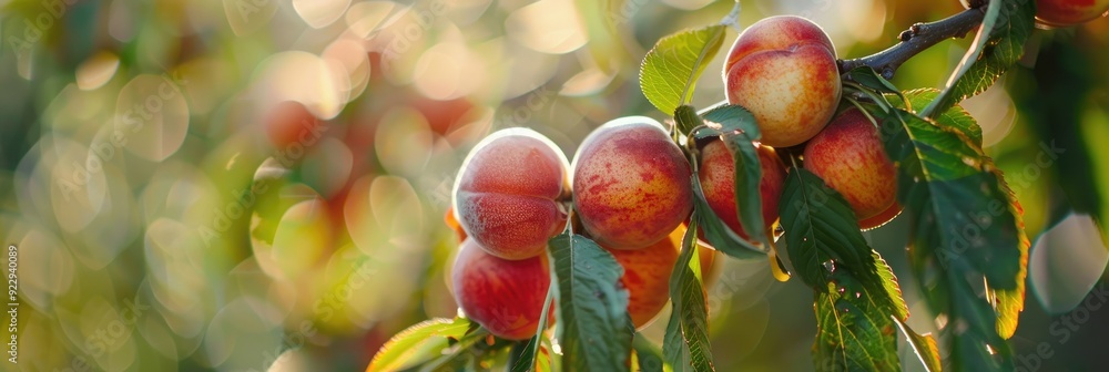 Poster close-up of nectarines on a branch with a soft focus effect.