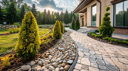 Obraz premium natural stone path along flower bed near tile walkway with lattice drain system in backyard with plants evergreen bushes and pine trees landscaping of eco summer park